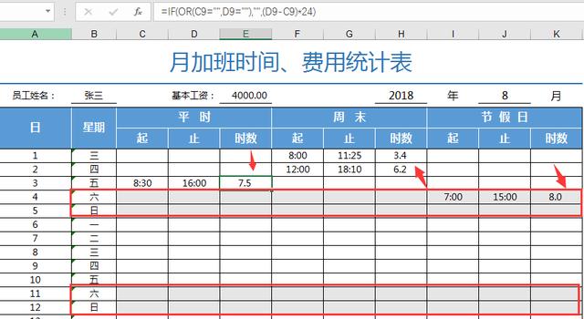 Excel月加班时间统计表，自动换算加班费，简单操作不加班