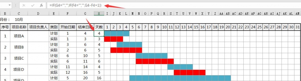Excel项目进度计划表，单月设计，柱形区域自动变化，轻松好用