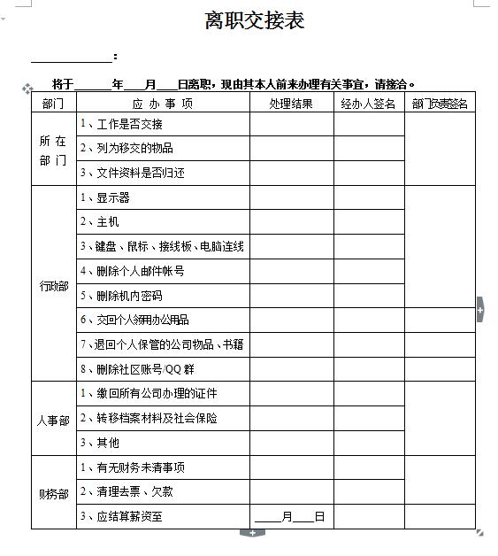 word离职人员工作交接表，完整表格框架，交接清单完整清晰