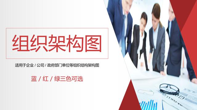 完整PPT组织结构图，网络结构三色设计，可换照片轻松套用