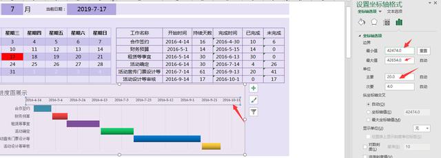 全自动万年历工作进度表，函数自动甘特图，图表进度展示一键操作