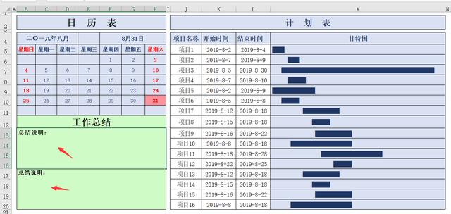 Excel工作计划表，自带甘特图进度显示，自动更新日历超好用