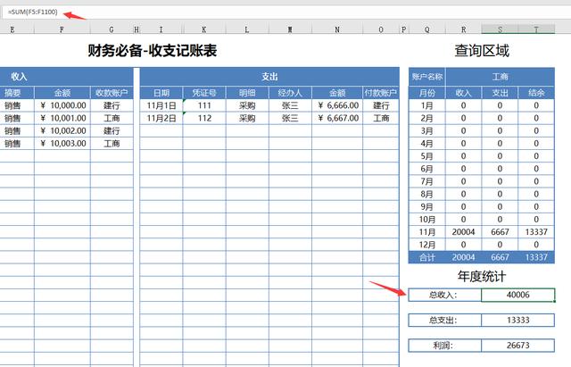 Excel单页财务管理收支记账表，自动统计查询，完整函数自动计算