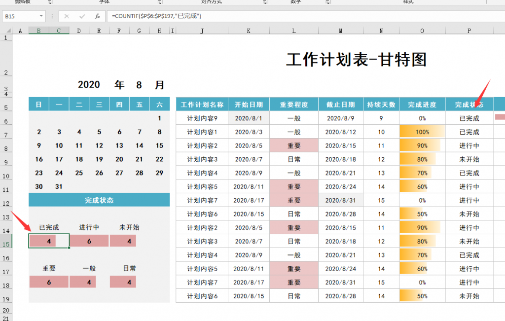Excel工作计划表，日历进度甘特图，自动显示快捷简单