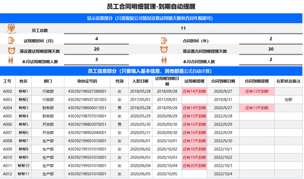 Excel员工合同明细管理，到期自动提醒，变色高显轻松简单