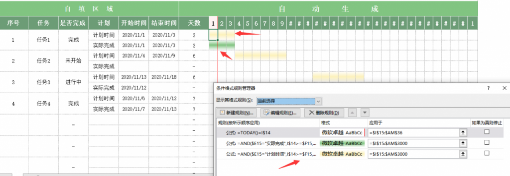 Excel任务进度表，自动甘特图，日程统计进度显示一步到位