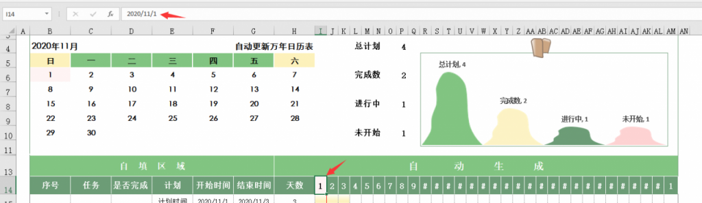 Excel任务进度表，自动甘特图，日程统计进度显示一步到位