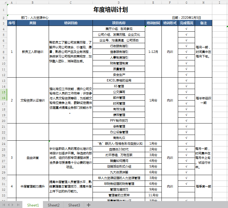 超实用年终培训计划表格，Excel表格设计，复制套改不操心